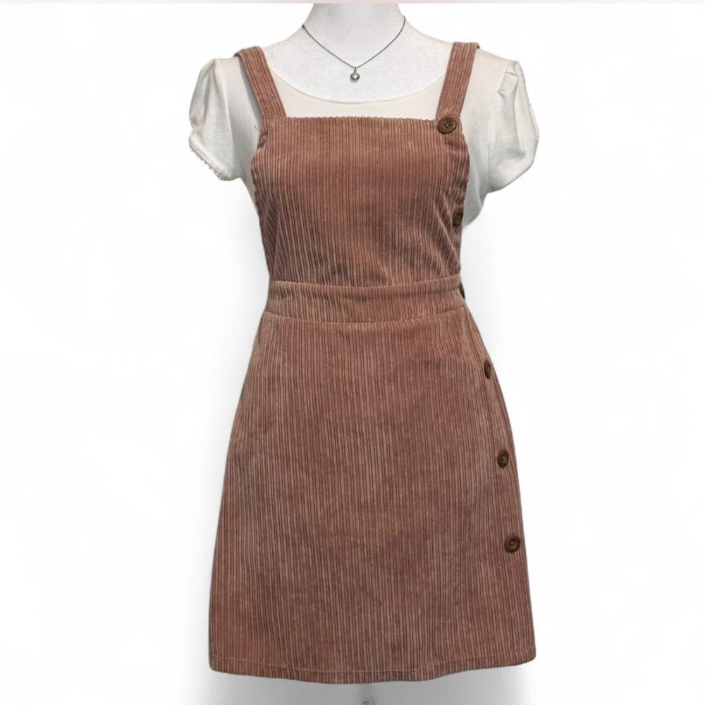 dusty pink corduroy overalls dress